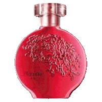 a red bottle of perfume with a tree on it is on a white background .