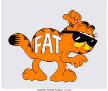 a picture of garfield wearing sunglasses and the word fat on his back