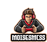 a logo for moisesmcss shows a man with headphones holding a video game controller