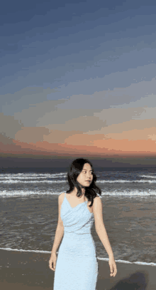 a woman in a blue dress is standing on a beach