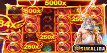 a screenshot of a slot machine with a greek god on it