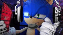 a close up of sonic the hedgehog wearing headphones and holding a remote control .