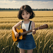 a little girl holding a guitar in a field