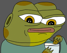 a cartoon frog holding a glass of milk and a cookie