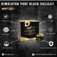 an advertisement for himalayan pure black shilajit shows the benefits of the product