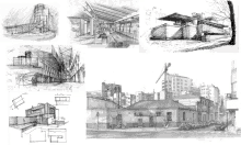 a collage of black and white drawings of buildings including one that says ' a ' on it