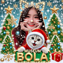 a woman is surrounded by christmas decorations and a cat in a santa hat