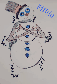 a drawing of a snowman with a top hat and scarf with the word ffffrio written on it