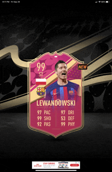 a soccer card for lewandowski is displayed on a screen