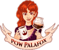 a cartoon of a woman holding a cup of coffee and a pitcher of coffee with the words pow palafox written on a banner