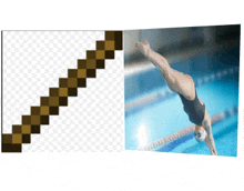 a picture of a woman diving into a pool next to a picture of a checkered arrow