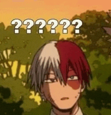 todoroki shouto from my hero academia is making a funny face and has a question mark on his face .