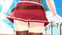 a woman in a red skirt and stockings is standing in front of palm trees