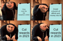 gru from despicable me is holding a clipboard that says give over the top rewards in 2023