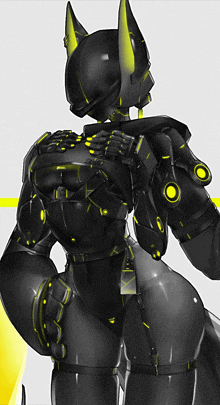 a drawing of a robot with a yellow tail