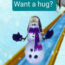 a picture of a snowman with the words want a hug written above it