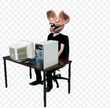 a man wearing a mouse mask is sitting at a desk with two computers