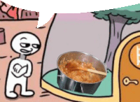 a cartoon of a man standing next to a pot of food