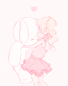 a drawing of a girl hugging a stuffed animal with a heart in the background