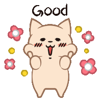 a cartoon cat is surrounded by pink flowers and the word good