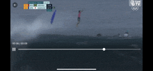 a screenshot of a tv showing a surfboard rider