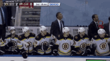 a group of hockey players are sitting on the bench watching a game between the boston bruins and the car