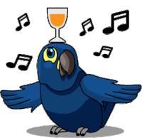 a blue parrot has a glass of wine on its head