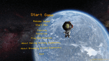 a start game screen shows a cartoon character flying around the earth