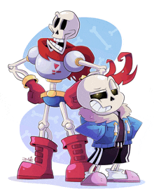 a cartoon drawing of papyrus and sans standing next to each other with the letters jmf on the bottom