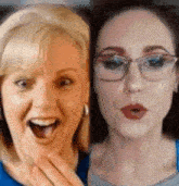 a woman with glasses is laughing next to another woman with a surprised look on her face .