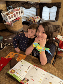 two young girls are sitting at a table with a book open to a page that says " bird squad "