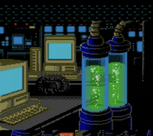 a pixel art illustration of a computer and two tubes of liquid