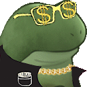 a cartoon frog wearing sunglasses and a gold chain around its neck .