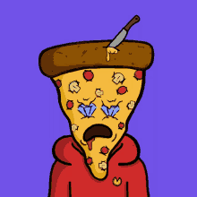 a cartoon drawing of a slice of pizza with a knife in it 's head