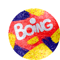 a red yellow and blue boing ball with a white logo