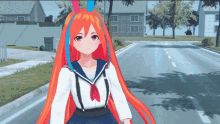 a girl with long red hair is standing on a street