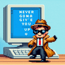 a pixel art of a man standing in front of a computer screen that says never gona give you up