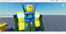 a screenshot of a roblox game shows a robot wearing a blue top and green pants