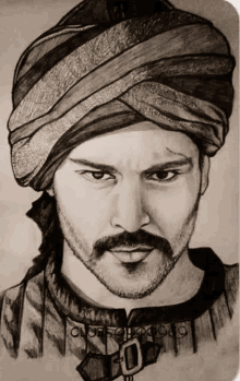 a black and white drawing of a man wearing a turban with the number 0 on the bottom