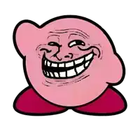 kirby is making a troll face with a big smile .