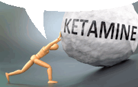 a wooden mannequin is pushing a large white ball with the word ketamine written on it