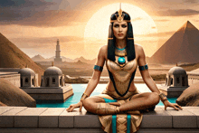 a woman is sitting in a lotus position in front of a pyramid