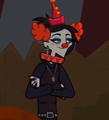 a cartoon character wearing a clown hat and a necklace has his hands on his hips