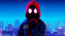 miles morales from spider-man into the spider-verse is standing in front of a city skyline wearing a hoodie .