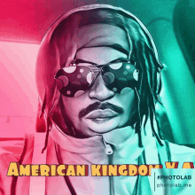 a painting of a man wearing sunglasses and a hood with the words american kingdom above him