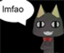 a cartoon cat with horns and a bow tie is talking with a speech bubble .