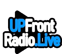 the logo for upfront radio live is blue and white with a play button in the middle .