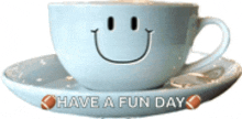 a cup with a smiley face and the words have a fun day on it