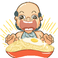 a bald man with a beard is holding a bowl of noodles and eggs