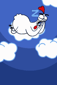 a cartoon chicken is sleeping on a cloud with the letter n on its face